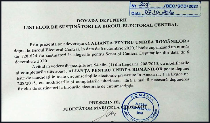 AUR este prima formațiune politică care a depus liste de semnături naționale, listă 100% formată din românii din Diaspora